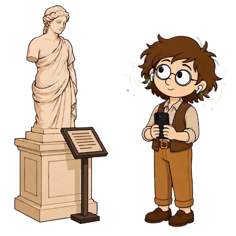An illustrated visitor with earbuds and round glasses holds up a phone in front of a statue on a pedestal and its label stand.