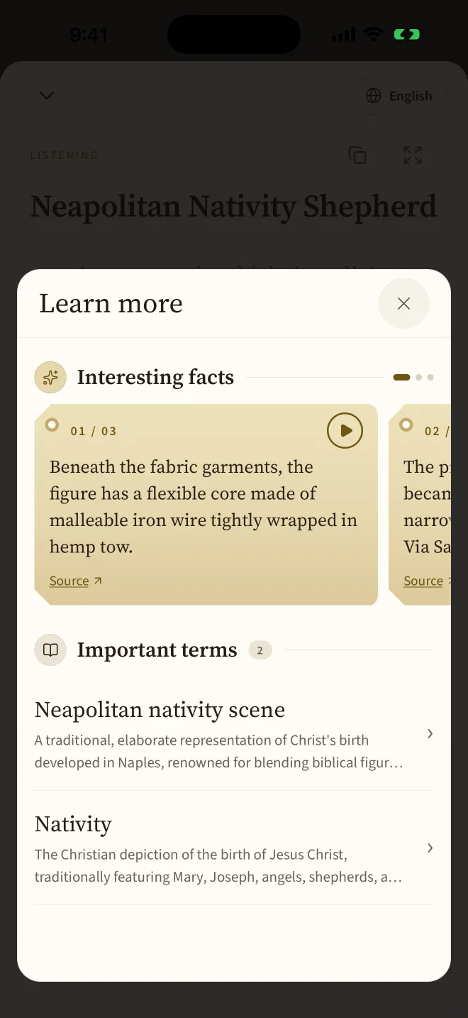 The Learn more screen with explained terms and interesting facts.