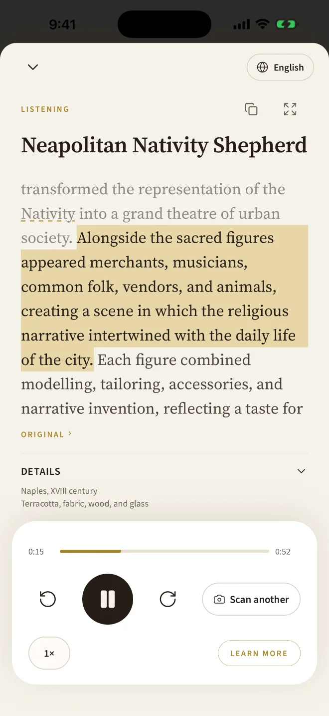 The Tales of Museums app reading a museum label aloud, with the current sentence highlighted