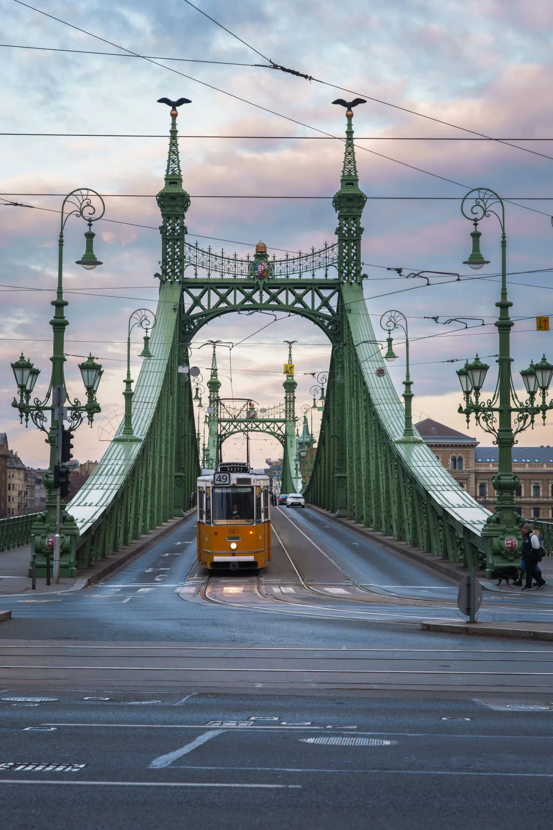 A tram crossing Liberty Bridge in Budapest